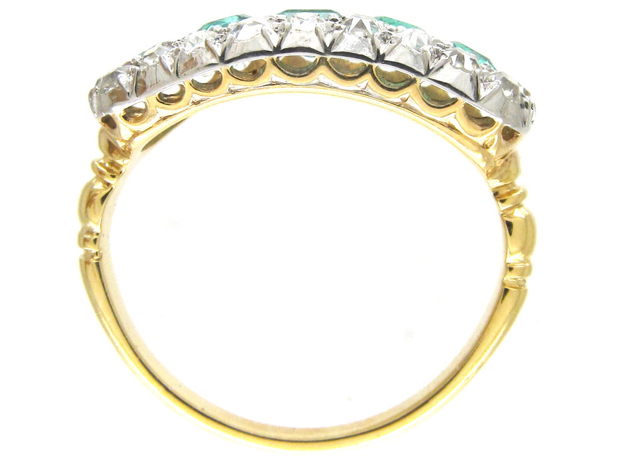 Edwardian Emerald Diamond Five Stone Boat Shaped Ring For Sale 2