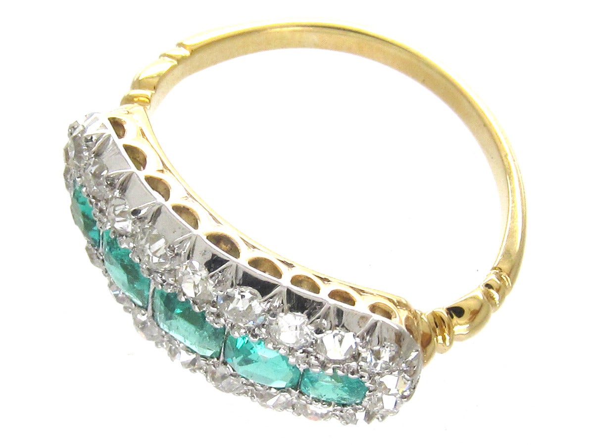 Edwardian Emerald Diamond Five Stone Boat Shaped Ring For Sale 3