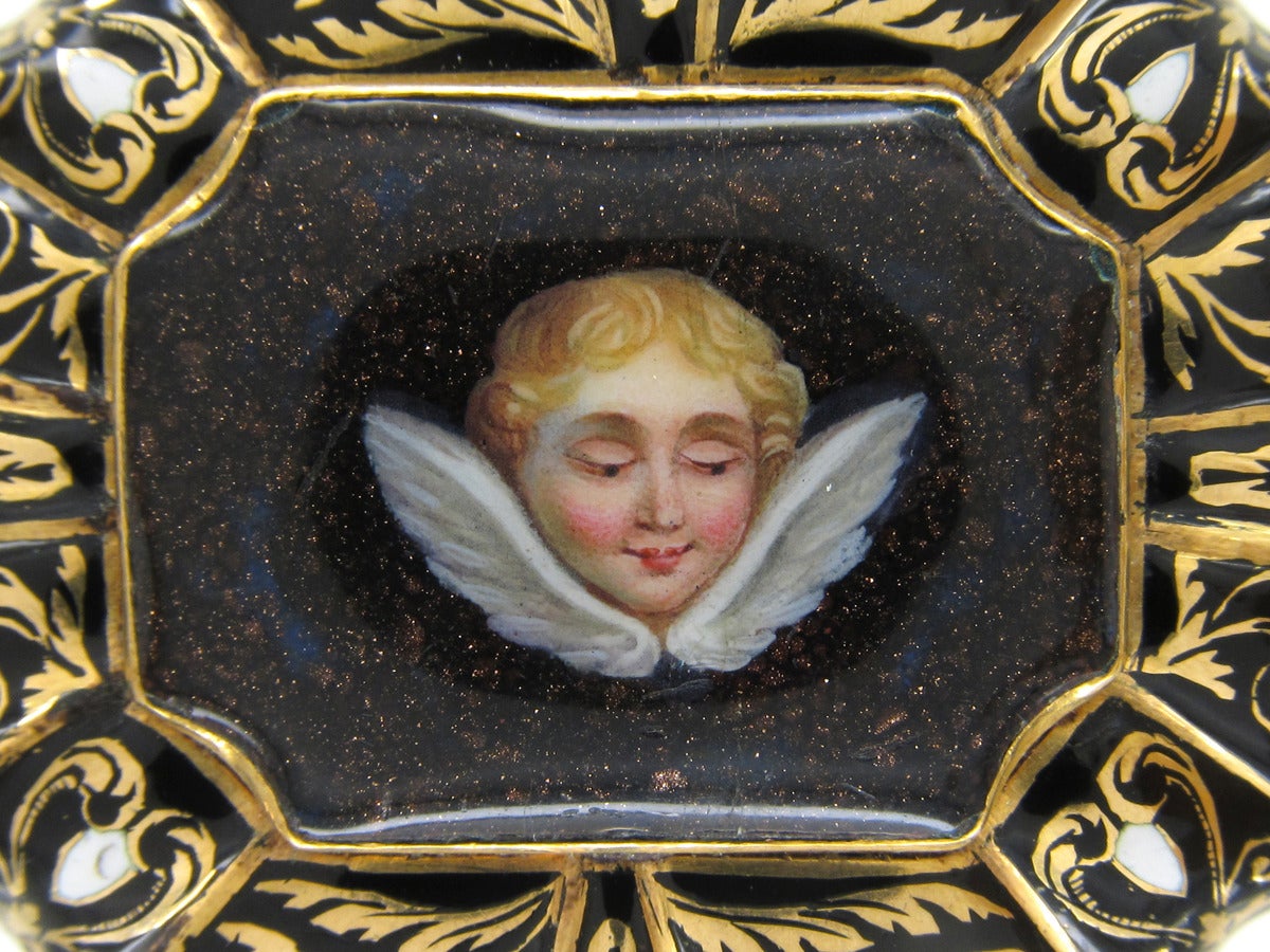 Swiss Enamel Gold Cherub in the Night Sky Brooch In Excellent Condition For Sale In London, GB