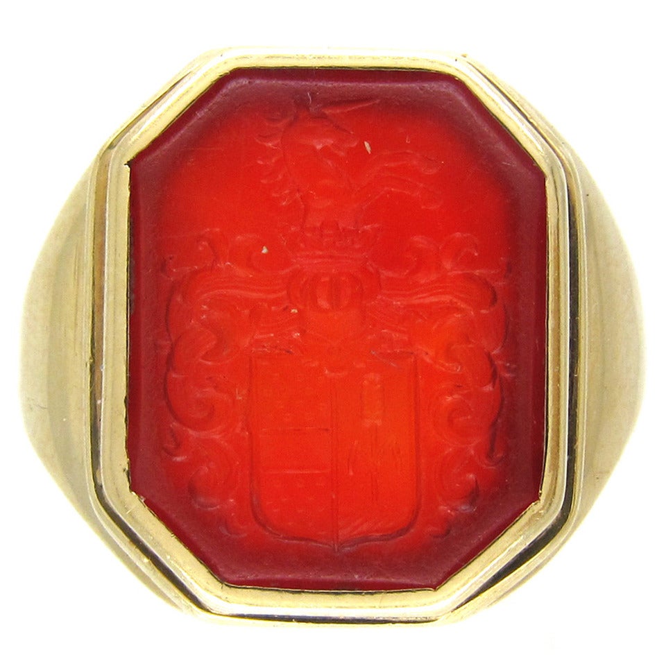 Carved Carnelian Gold Intaglio Crest Signet Ring For Sale