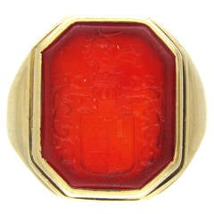 Carved Carnelian Gold Intaglio Crest Signet Ring