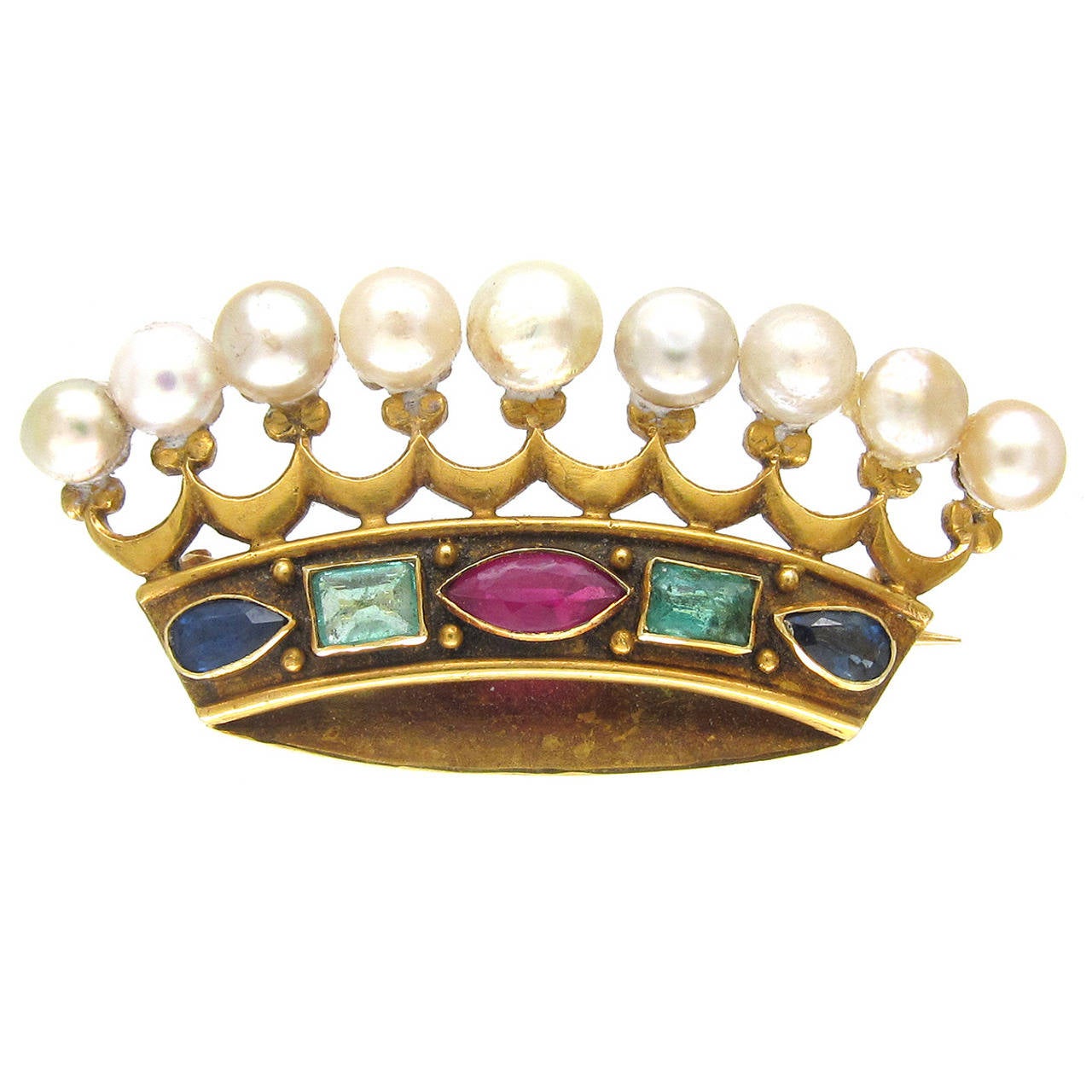 Victorian Multi Gem Stone Gold Crown Brooch For Sale