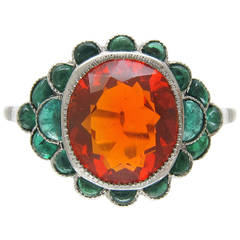 Edwardian Fire Opal Carved Cabochon Emerald Platinum Ring