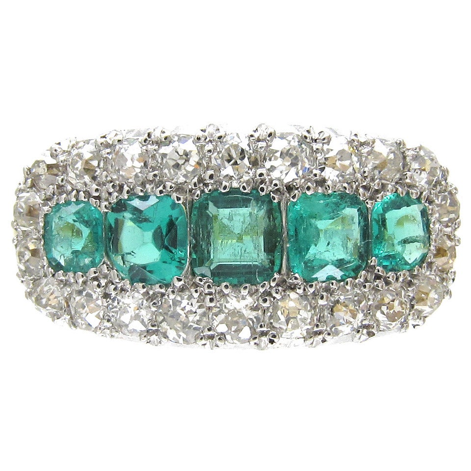 Edwardian Emerald Diamond Five Stone Boat Shaped Ring For Sale