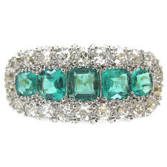 Antique Edwardian Emerald Diamond Five Stone Boat Shaped Ring