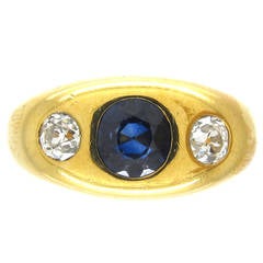 Victorian Sapphire Diamond Gold Rub Over Set Ring