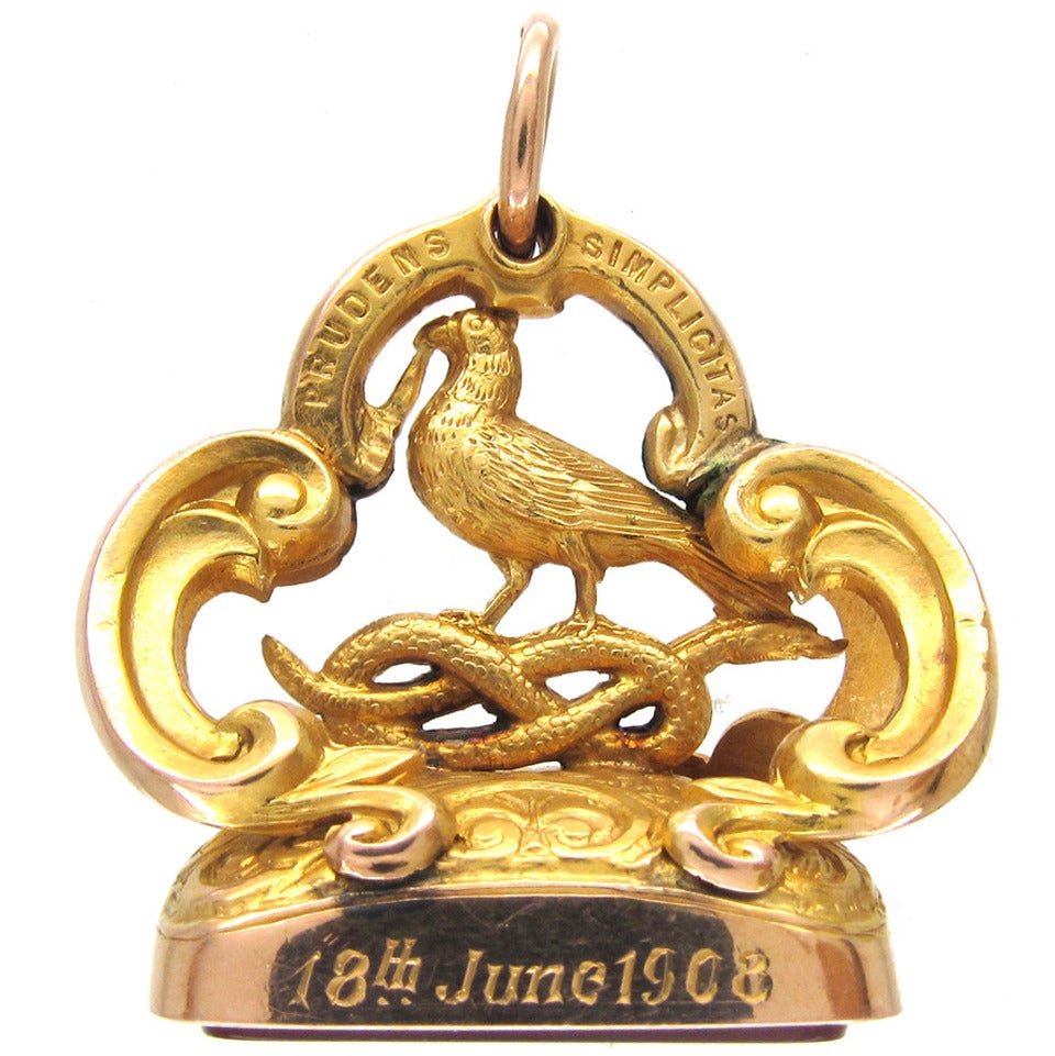 Gold Coiled Snake and Pheasant Seal with Carnelian Intaglio of a Crest For Sale
