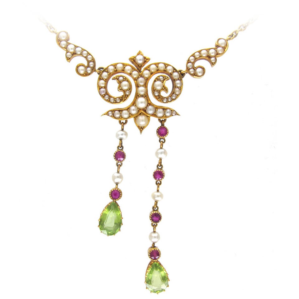 Edwardian Natural Pearl Ruby Peridot Gold Suffragette Necklace For Sale