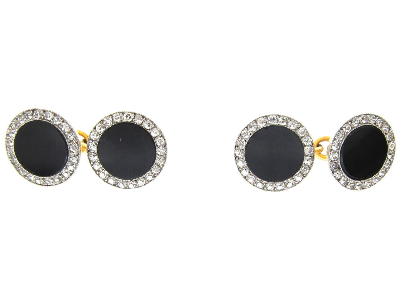 Art Deco Onyx Disc Diamond Gold Cufflinks In Excellent Condition For Sale In London, GB