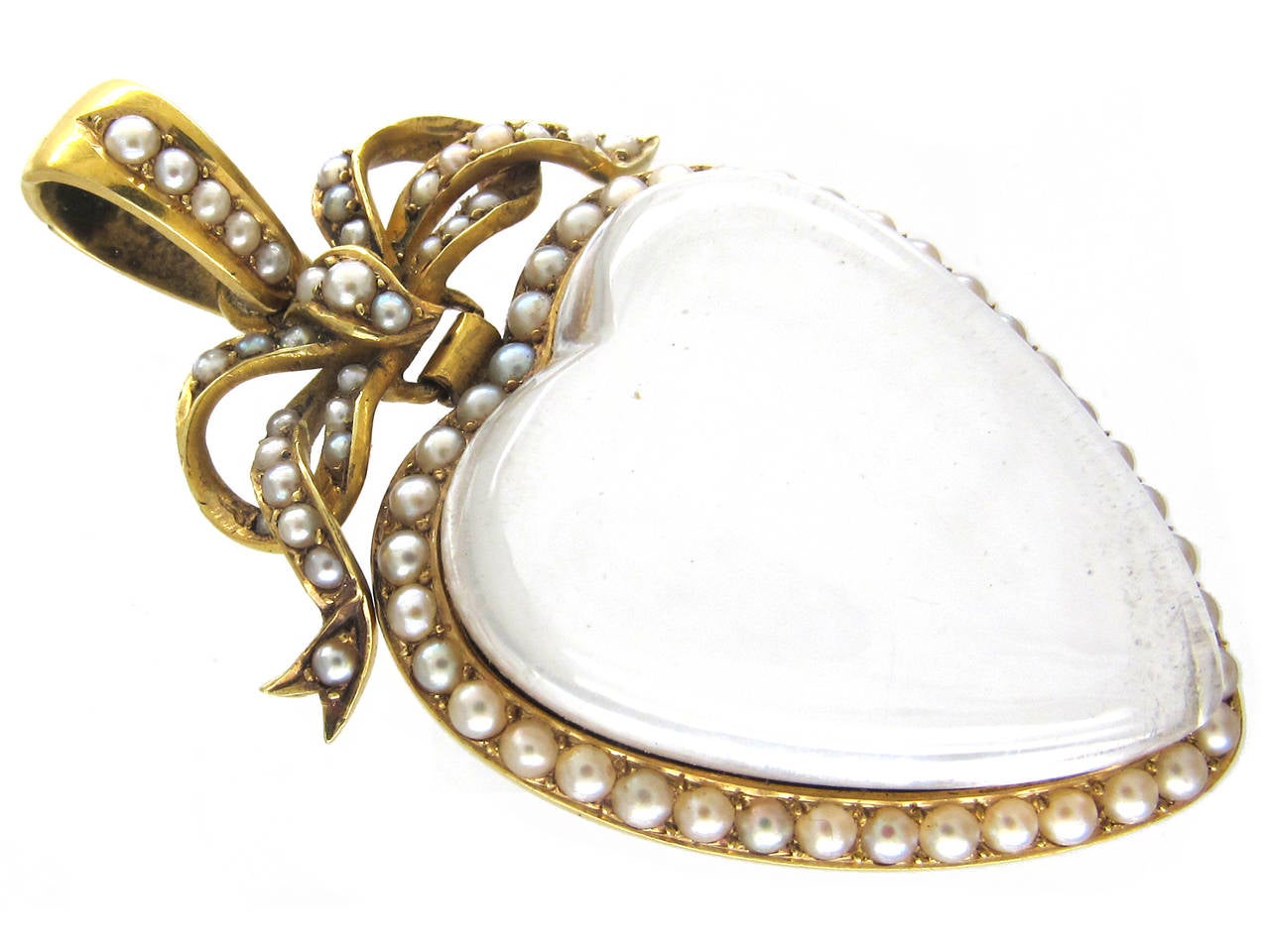Victorian Large Heart Shaped Rock Crystal Gold Bow Top Pendant In Excellent Condition For Sale In London, GB