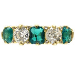 Antique Victorian Emerald Diamond Gold Five Stone Ring