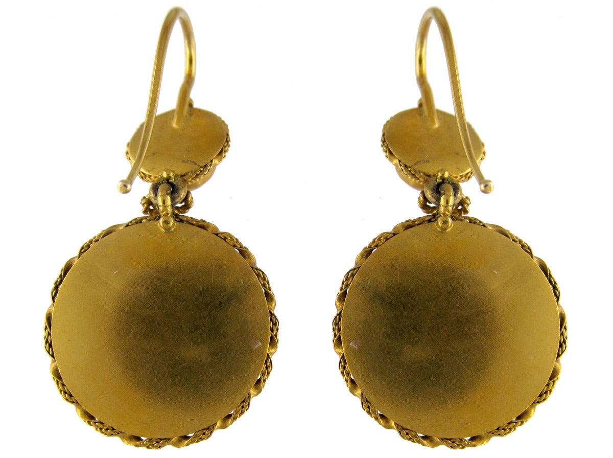 Victorian Etruscan Style Coral Diamond Gold Drop Earrings