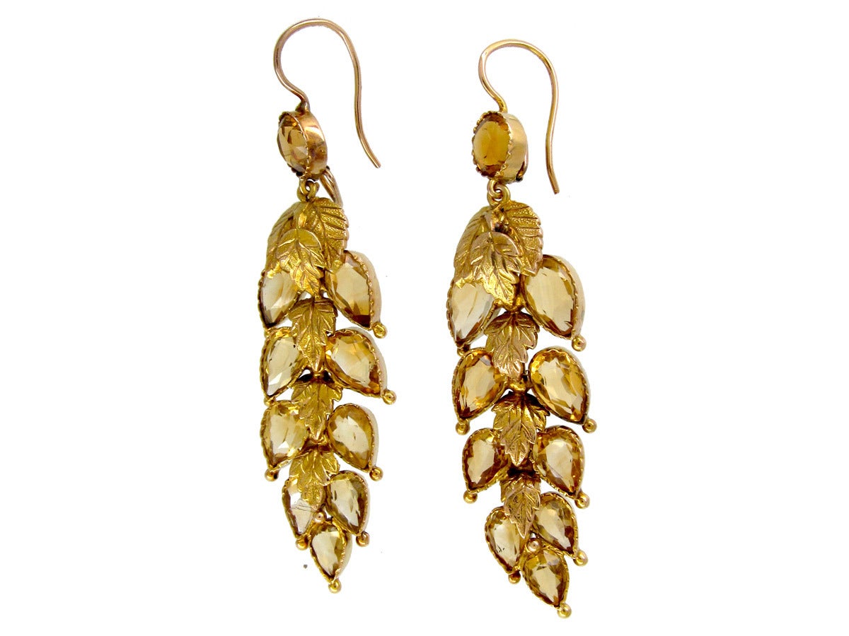 Georgian Citrine Gold Leaf Drop Earrings In Excellent Condition For Sale In London, GB