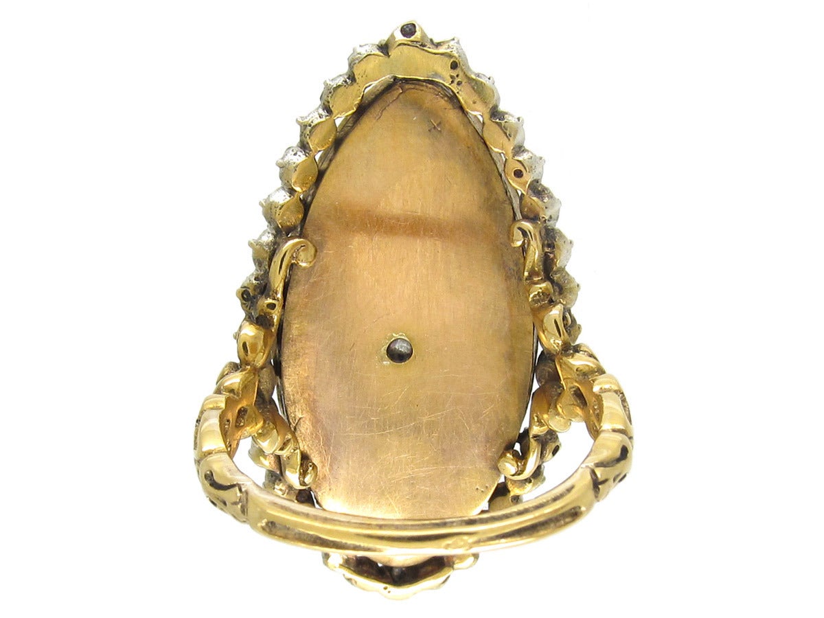 A fabulous Georgian rose diamond and black glass large navette ring.