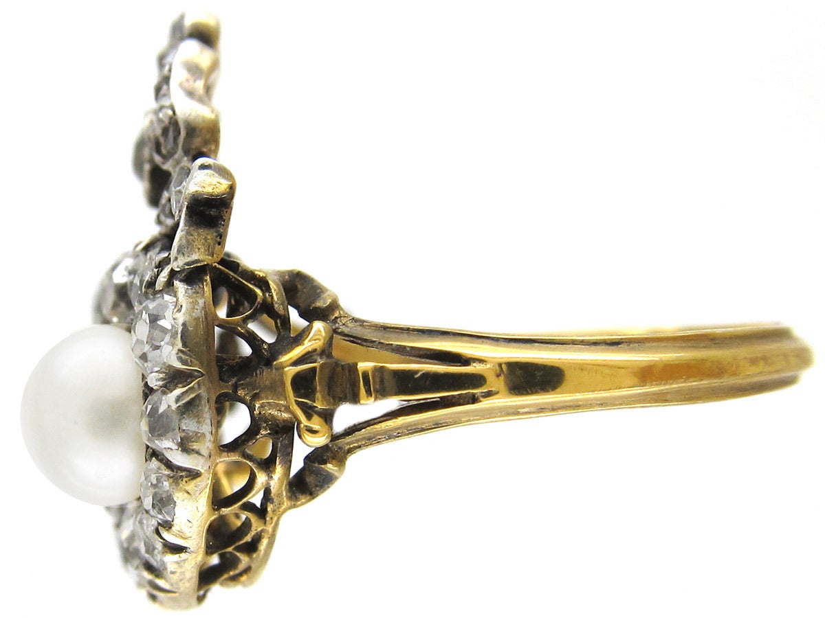 Victorian Double Heart Diamond & Natural Pearl Ring