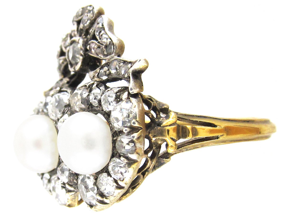 Victorian Double Heart Diamond & Natural Pearl Ring In Excellent Condition For Sale In London, GB
