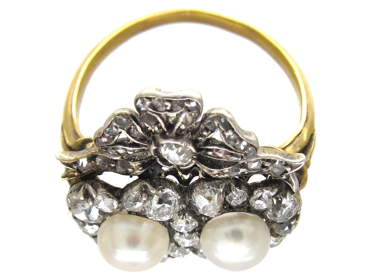 Victorian Double Heart Diamond & Natural Pearl Ring For Sale 1