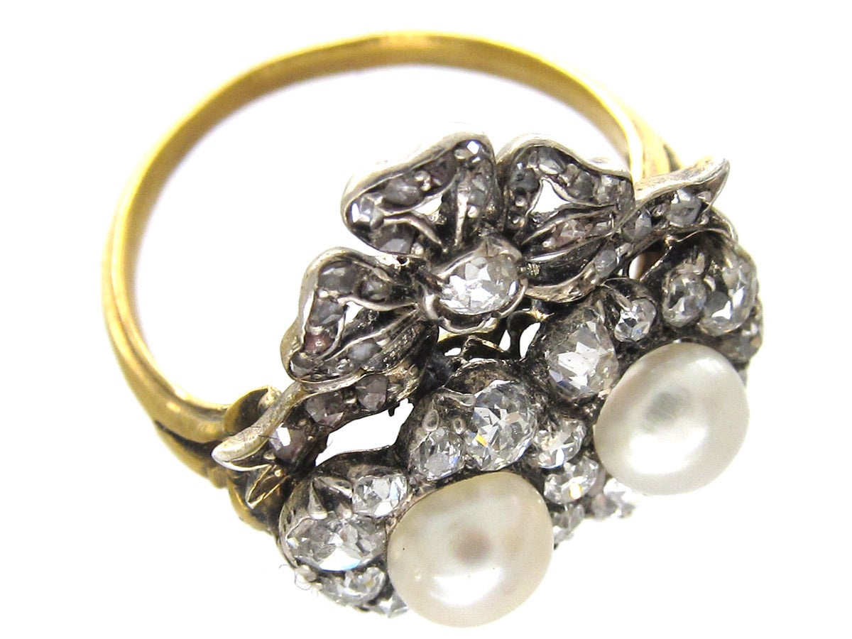 Victorian Double Heart Diamond & Natural Pearl Ring For Sale 3