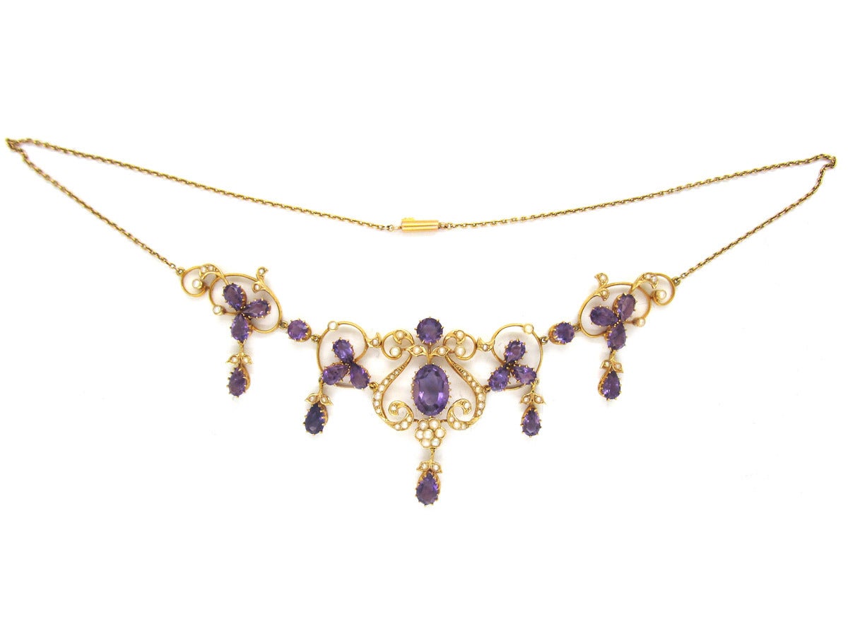 Women's Edwardian Natural Pearl Amethyst Gold Necklace