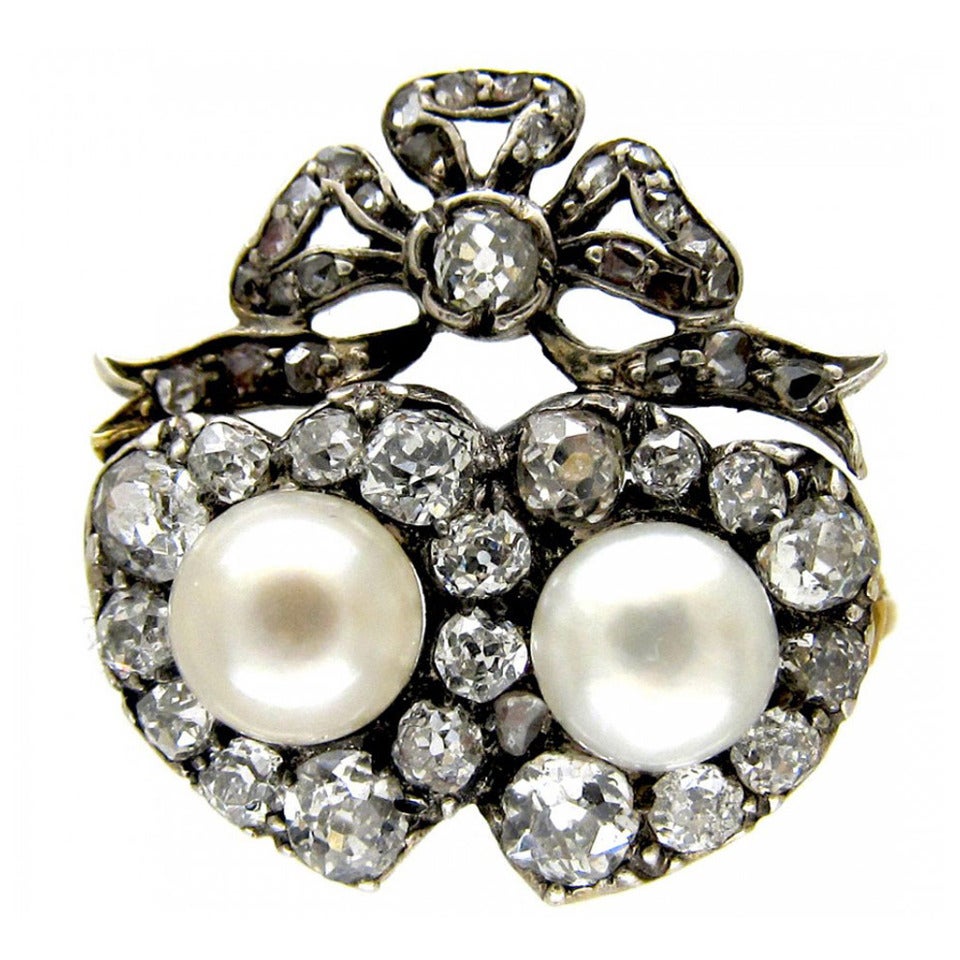 Victorian Double Heart Diamond & Natural Pearl Ring For Sale