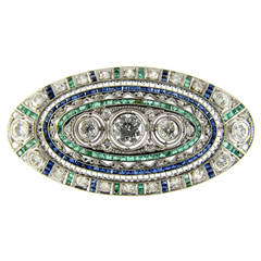 Art Deco Sapphire Emerald Diamond Platinum Brooch