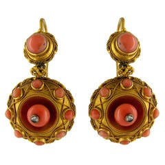 Victorian Etruscan Style Coral Diamond Gold Drop Earrings