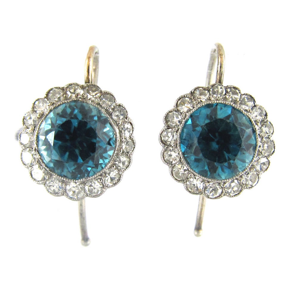 Edwardian Blue Zircon Diamond Platinum Cluster Earrings For Sale