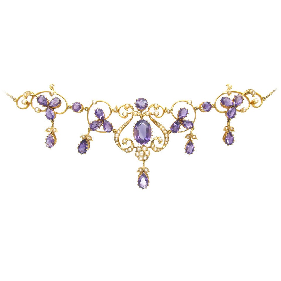 Edwardian Natural Pearl Amethyst Gold Necklace