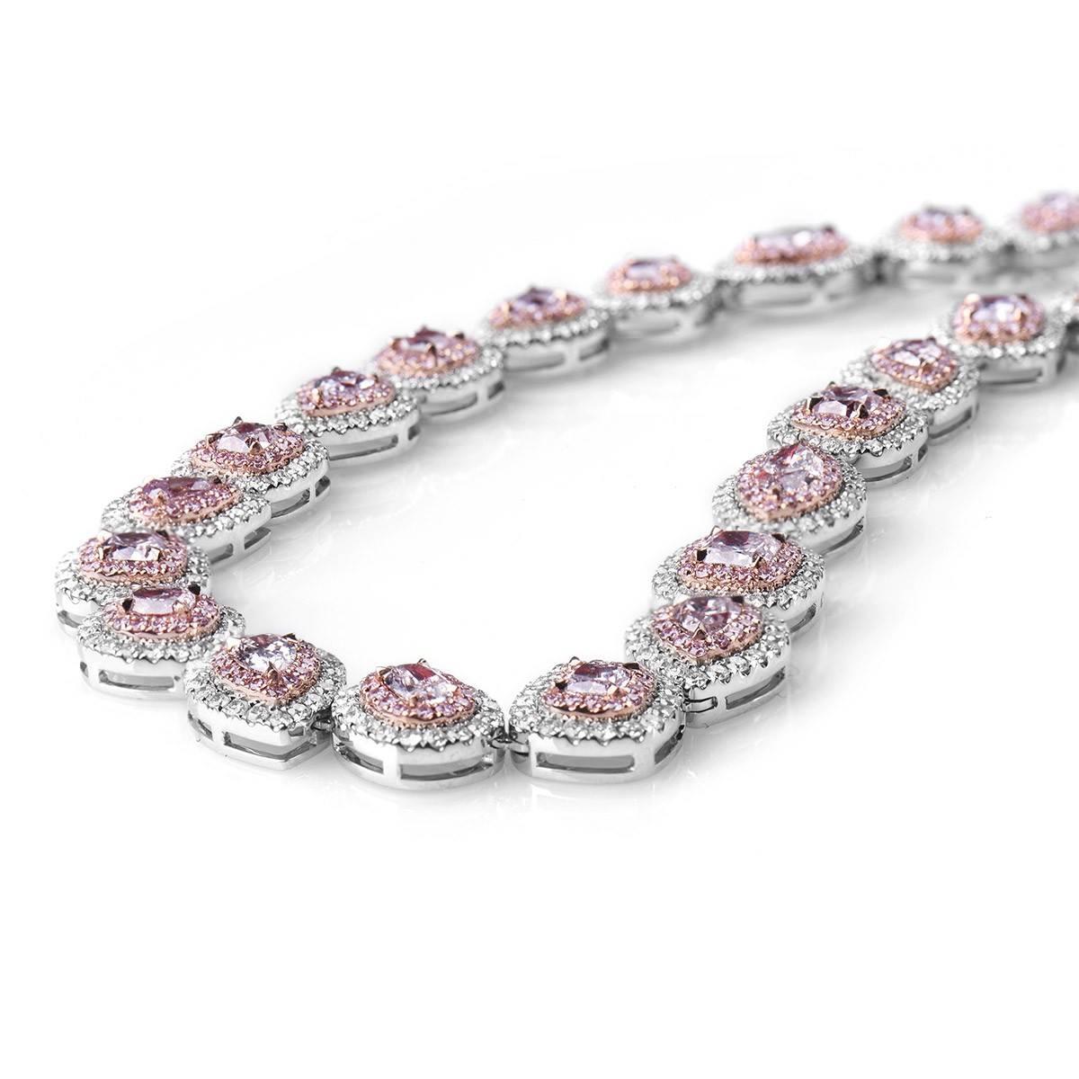 WHITE GOLD FANCY PINK DIAMOND NECKLACE - 16.11 CT

Set in 18Kt White gold


Total centre diamond weight: 8.44 ct
[ 43 diamonds ]
Color: Fancy pink
Clarity: SI

Total side diamond weight: 7.67 ct
[ 1407 diamonds ]
Color: Fancy Pink
White diamond