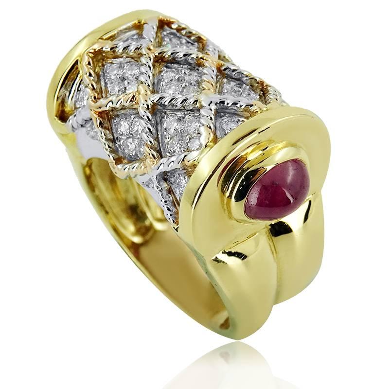 YELLOW AND WHITE GOLD RING WITH BRILLIANT CUT DIAMONDS AND CABOCHON RUBIES

18K Yellow and White gold


Total diamond weight: 0.75 ct
Color: F-H
Clarity: VS-SI


Total ruby weight: 1.90 ct


Total ring weight: 14.30 grams