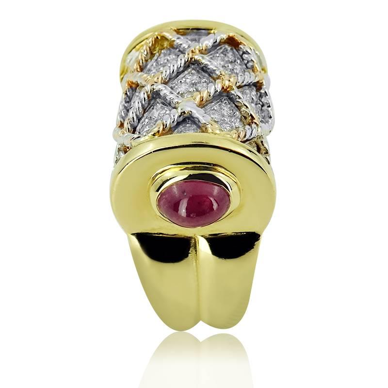 Modern Yellow and White Gold with 0.75 ct Diamonds and Cabochon 1.90 ct Rubies Ring For Sale