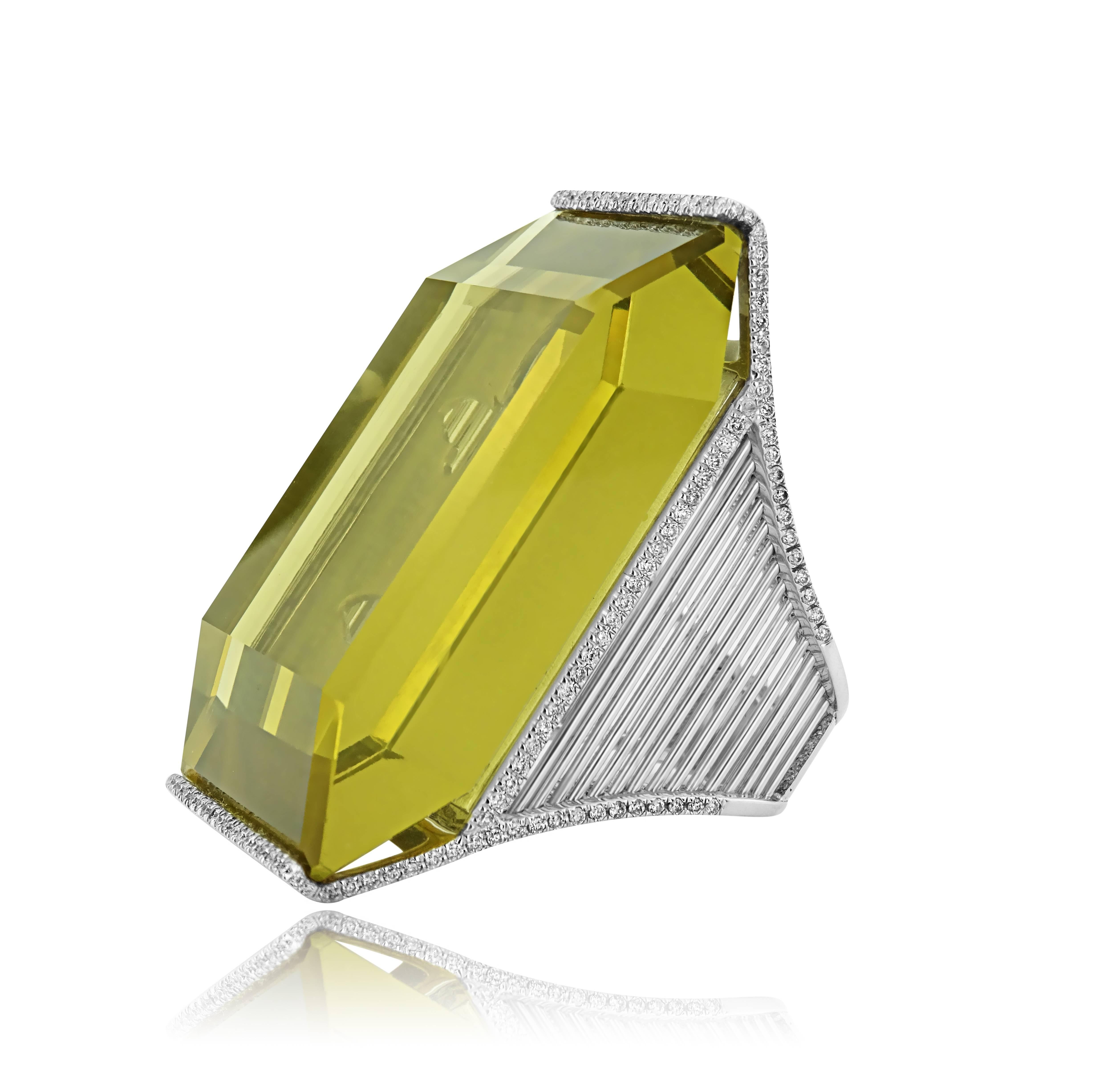 Modern White Gold Lemon Quartz 62.12 ct Ring