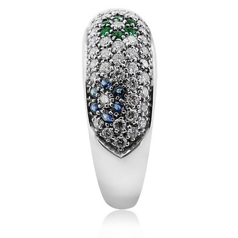 Modern White Gold with Brilliant Cut Rubies, Sapphire Emerald and 1.01 ct Diamond Ring For Sale