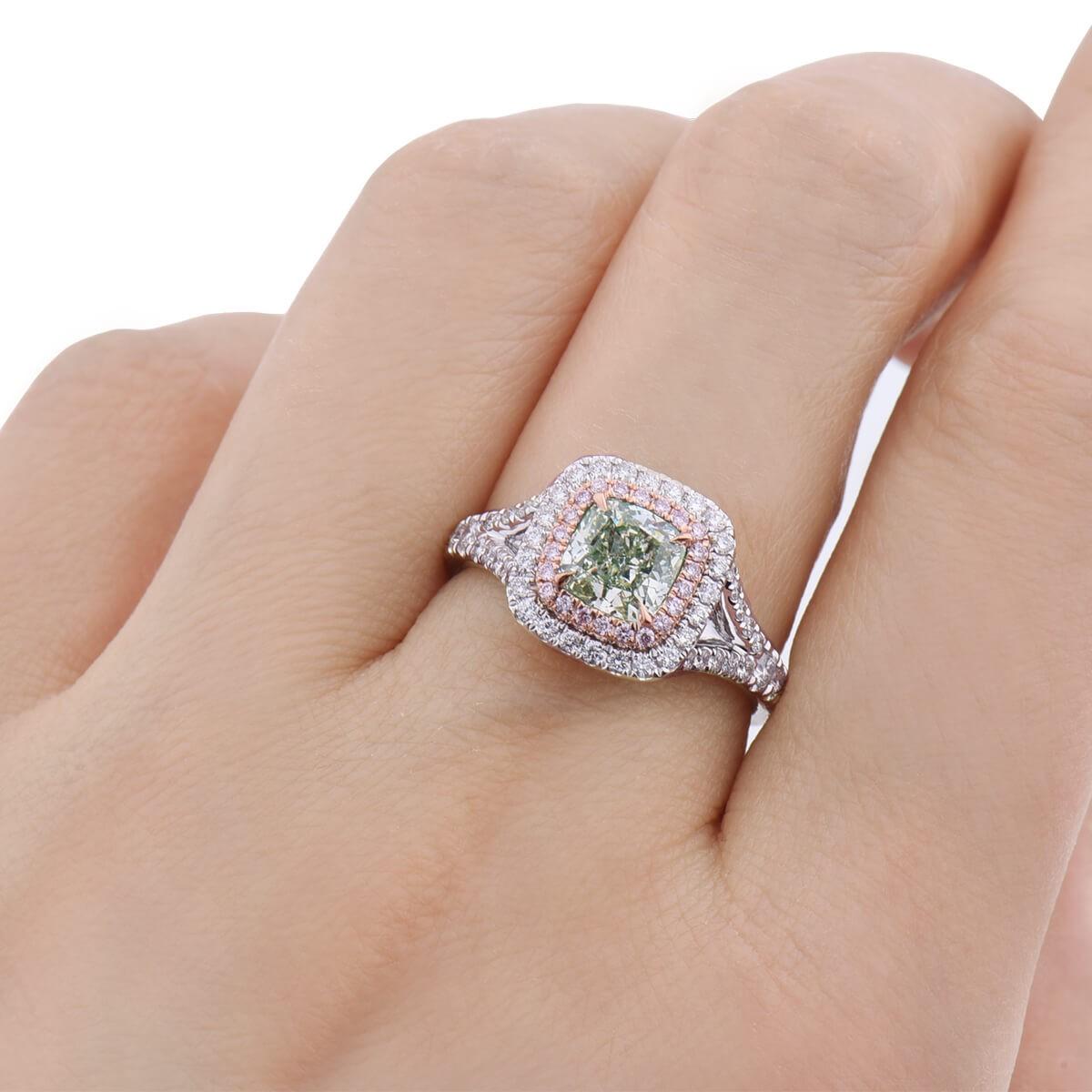 GIA Certified White Gold Cushion Cut Fancy Green Diamond Ring, 1.74 Carat For Sale 1