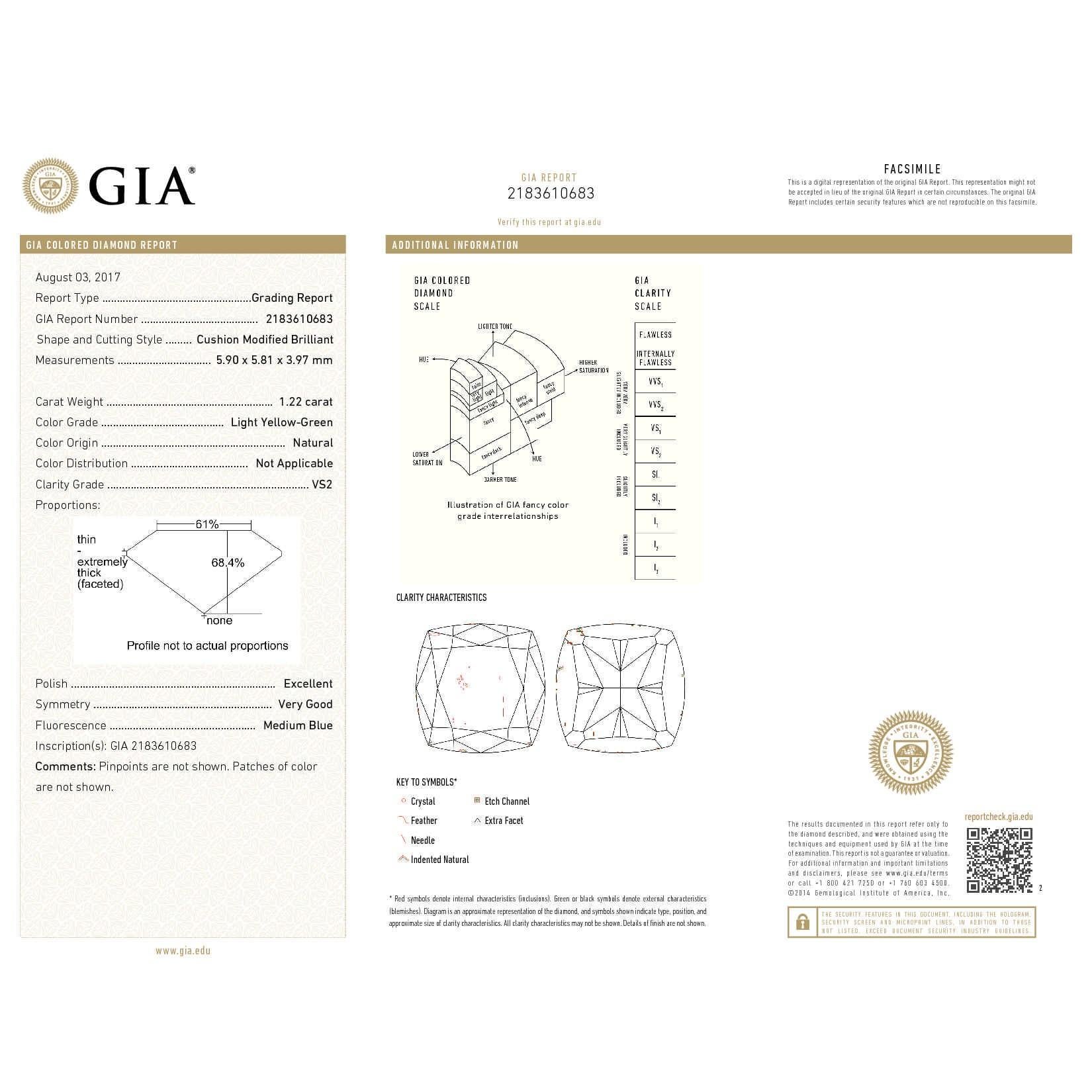 GIA Certified White Gold Cushion Cut Fancy Green Diamond Ring, 1.74 Carat For Sale 2