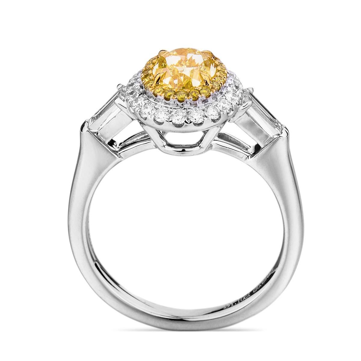 Modern GIA Certified White Gold Oval Fancy Yellow Halo Diamond Ring, 1.71 Carat