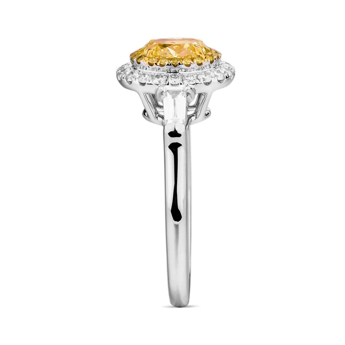 GIA Certified White Gold Oval Fancy Yellow Halo Diamond Ring, 1.71 Carat In New Condition In Knightsbridge, GB