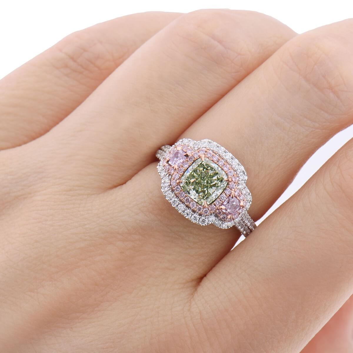 GIA Certified White Gold Fancy Green Cushion Cut Diamond Ring, 2.32 Carat For Sale 1