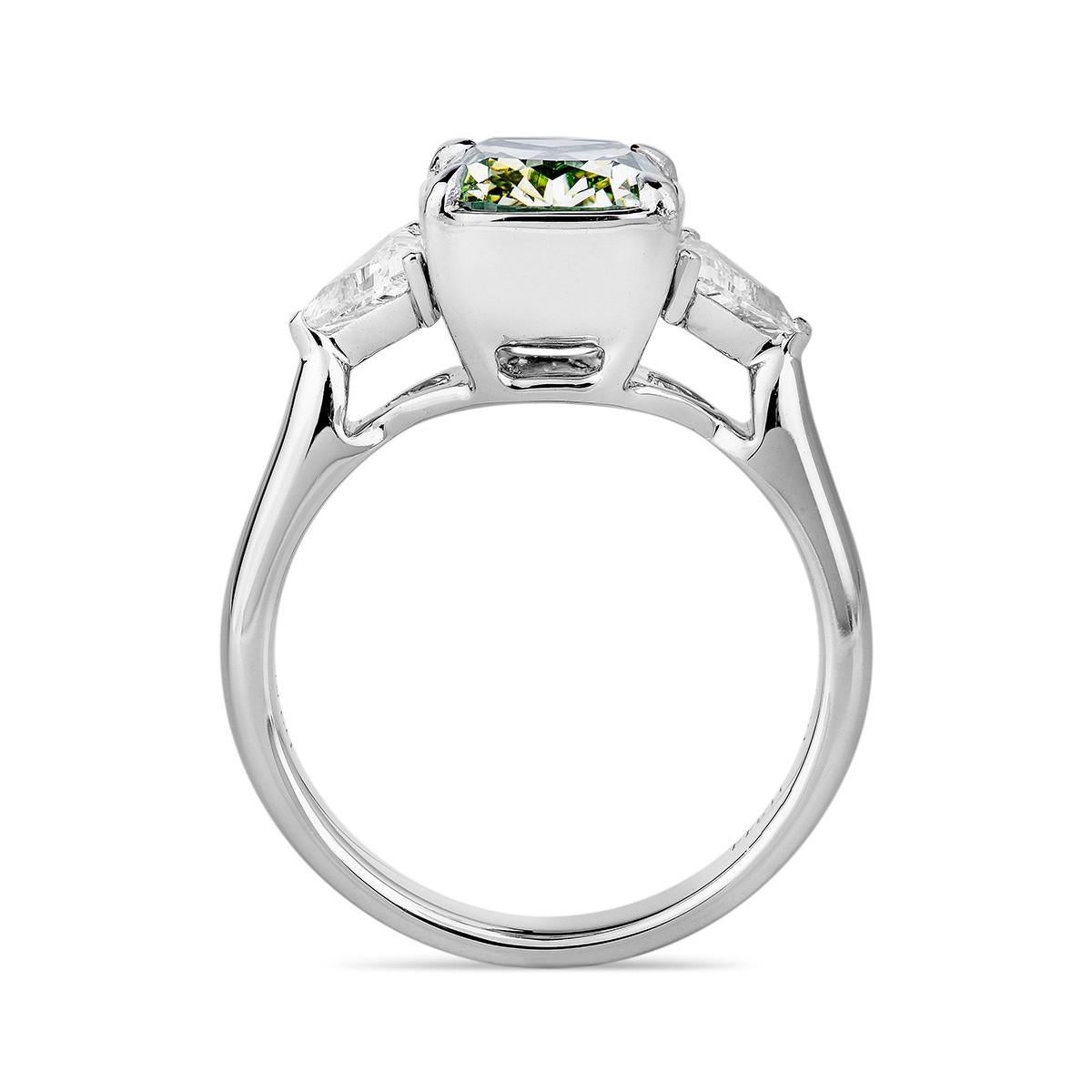 Modern GIA Certified White Gold Fancy Green Cushion Cut Diamond Ring, 2.97 Carat For Sale