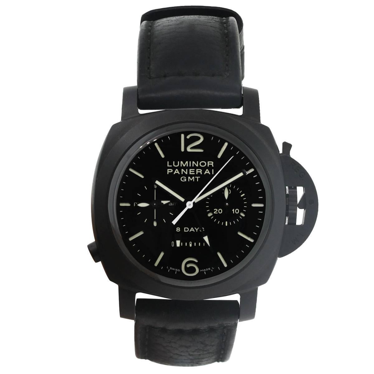 Brand: Panerai
MPN: 1950
Model: Luminor PAM00317
Case Material: Ceramic
Case Diameter: 44mm
Crystal: Scratch resistant sapphire crystal
Bezel: Fixed black ceramic bezel
Dial: Black dial with luminous hands and index hour markers
GMT, second time