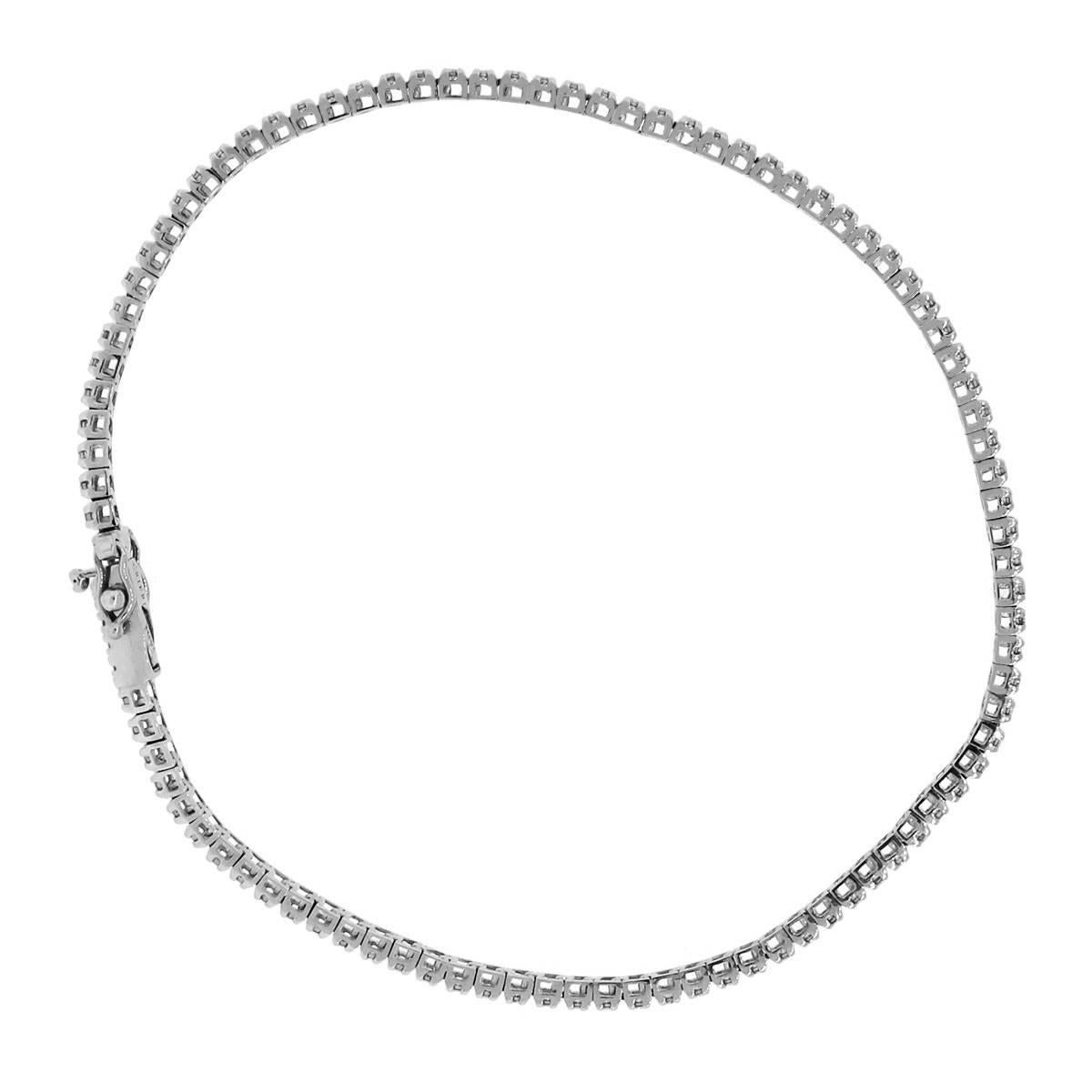 Material: 14k white gold
Diamond Details: Approximately 0.50ctw round brilliant cut diamonds. Diamonds are G in color and SI in clarity.
Measurements: will fit up to a 7″ wrist
Weight: 4.4g (2.8dwt)
Clasp: Tongue in box Clasp
Additional Info: Comes