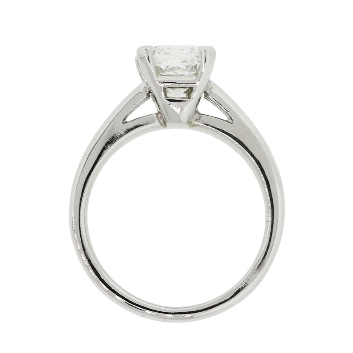 Material: Platinum
Diamond Details: 2.05ct GIA certified radiant cut diamond. G in color SI1 in clarity
Ring Size: 5.5 (can be sized)
Ring Measurements: 0.98″ x 0.33″ x 0.77″
Total Weight: 8.6g (5.5dwt)
Additional Details: This item comes with a