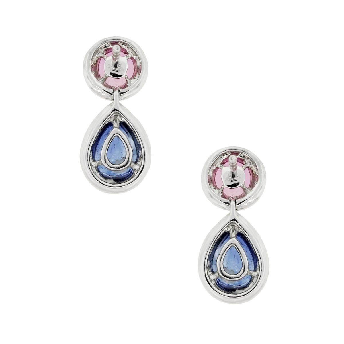 Pink Sapphire, Blue Sapphire and Diamond Dangle Earrings In New Condition In Boca Raton, FL