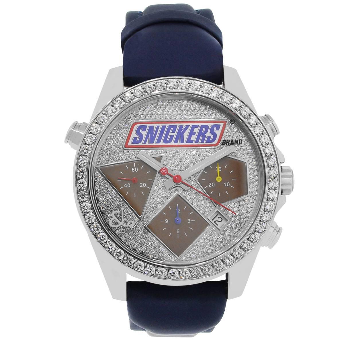 Brand: Jacob & Co.
MPN: 0468 Number 0644
Case Material: Stainless Steel
Case Diameter: 44mm
Crystal: Scratch resistant sapphire crystal
Bezel: Fixed diamond bezel
Dial: Diamond dial with snickers logo located at 12 o’ clock. Chronograph dial with