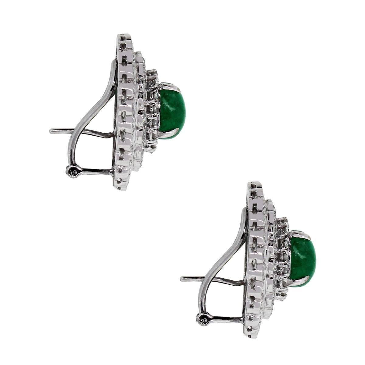 Round Cut Cabochon Emerald and Diamond Earrings