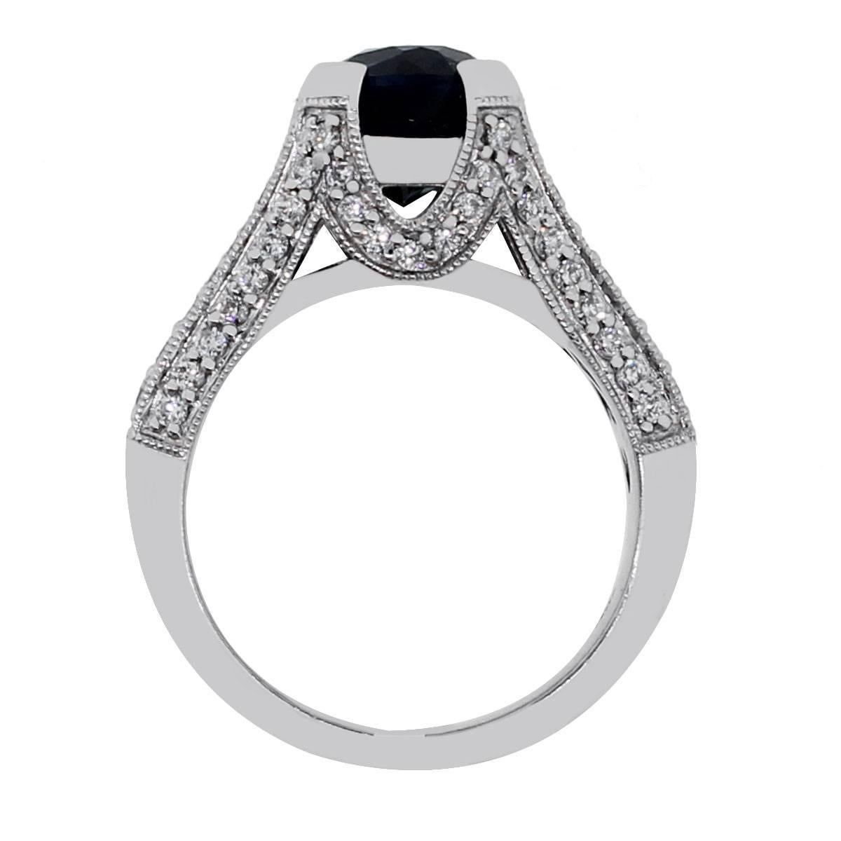 Material: Platinum
Diamond Details: Approximately 1ctw round brilliant cut diamonds. Diamonds are G/H in color and VS in clarity.
Gemstone Details: Approximately 3.89ct oval sapphire
Ring Size: 6.5 (cannot be sized)
Ring Measurements: 0.80″ x 0.32″