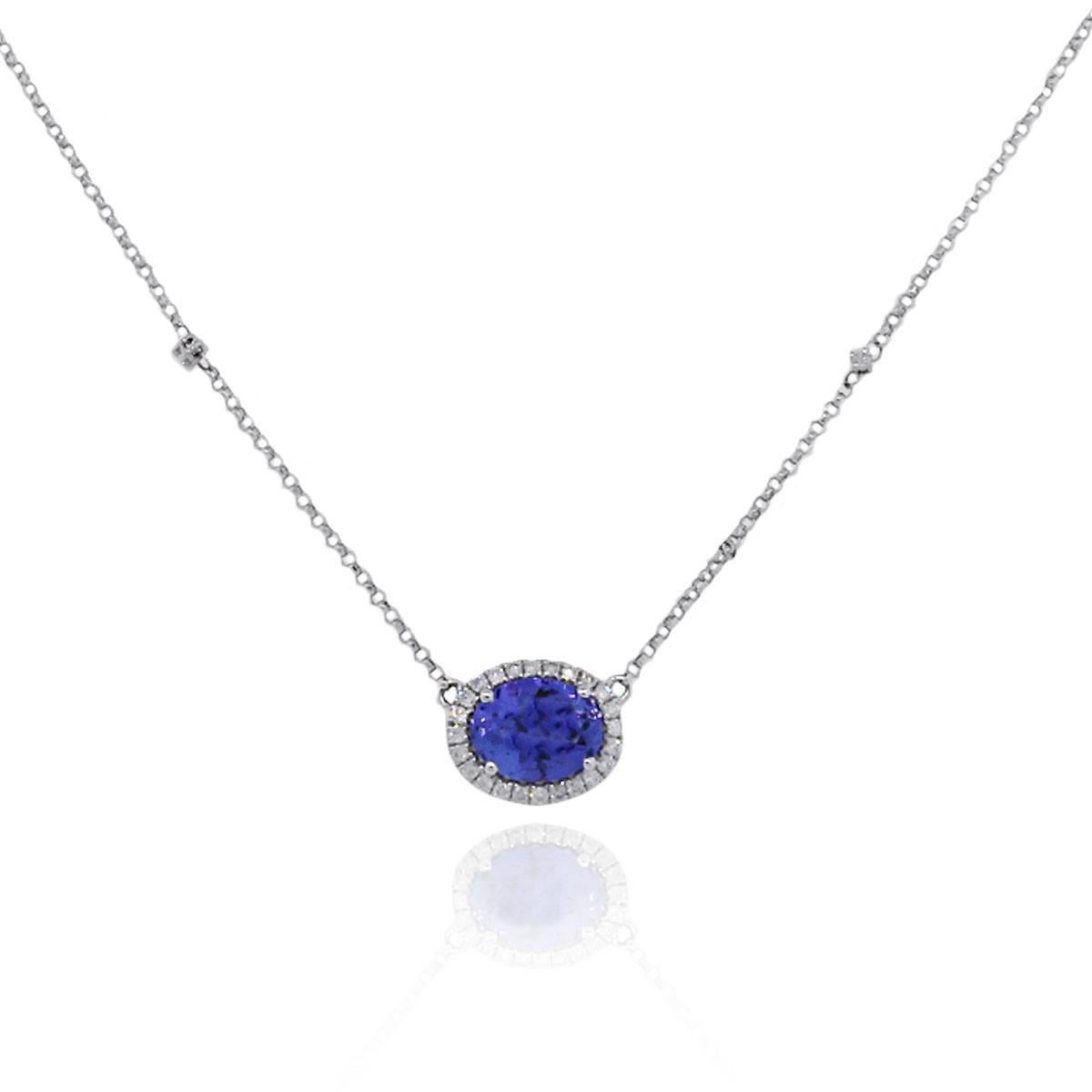 Material: 14k white gold
Diamond Details: Approximately 0.13ctw round brilliant diamonds. Diamonds are G/H in color and VS in clarity.
Gemstones Details: Approximately 1.61ctw oval tanzanite gemstone.
Pendant Measurements: 0.40″ x 0.20″ x