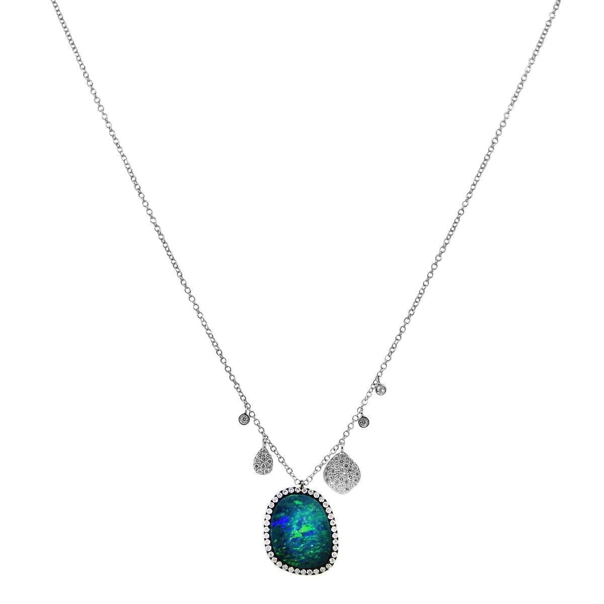Brand: Meira T
Material: 14k white gold
Diamond Details: 0.61ctw of round brilliant diamonds. Diamonds are G/H in color and VS in clarity.
Gemstone Details: 3.55ct opal gemstone (triplet)
Necklace Measurements: 16″
Clasp: Lobster clasp
Total Weight: