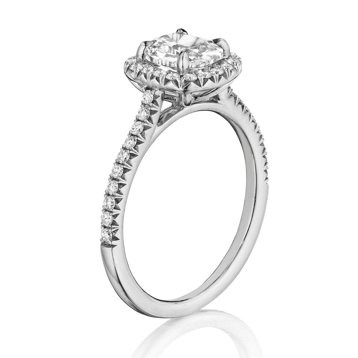 Vendor Model #: CLG117
Material: Platinum
Setting Style: Halo
Size: 6.5 (can be sized)
Center Diamond Details: 0.71ct cushion cut diamond. Center diamond is D in color and VVS1 in clarity.
Accent Diamond Details: 0.30ct accent round brilliant