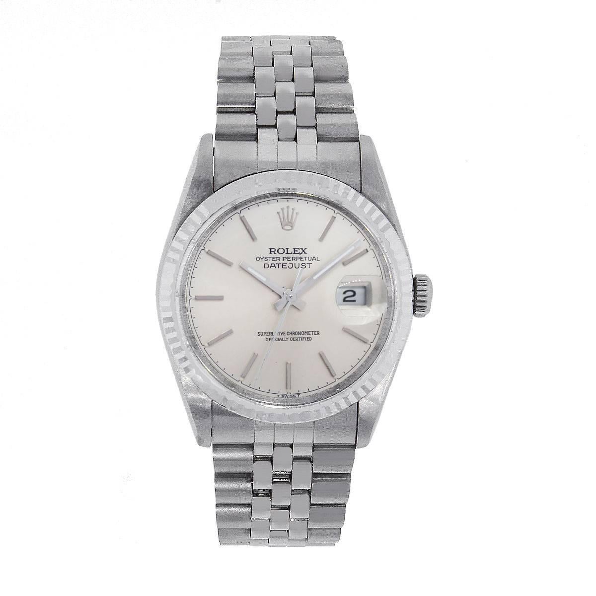 Brand: Rolex
MPN: Datejust
Model: 16234
Case Material: Stainless steel
Case Diameter: 36mm
Crystal: Scratch resistant sapphire
Bezel: Stainless steel engine turned bezel
Dial: Silvered stick dial with date window at the 3 o’clock position
Bracelet: